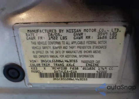 2006 Nissan Sentra 1.8S from USA, damaged, VIN 3N1CB51D86L463055